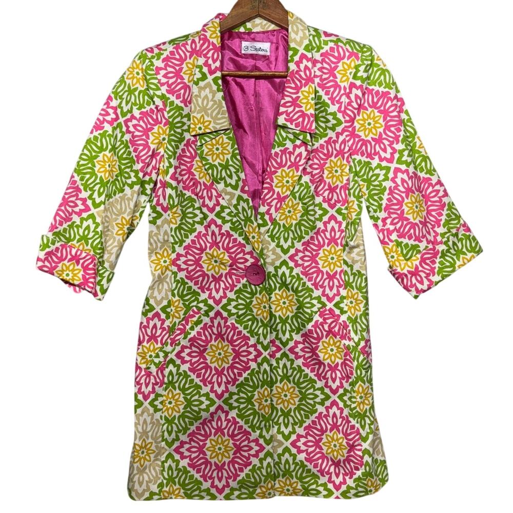 3 Sisters Green Pink Floral 3/4 Sleeve 1 Button Spring Blazer Jacket Women Small
